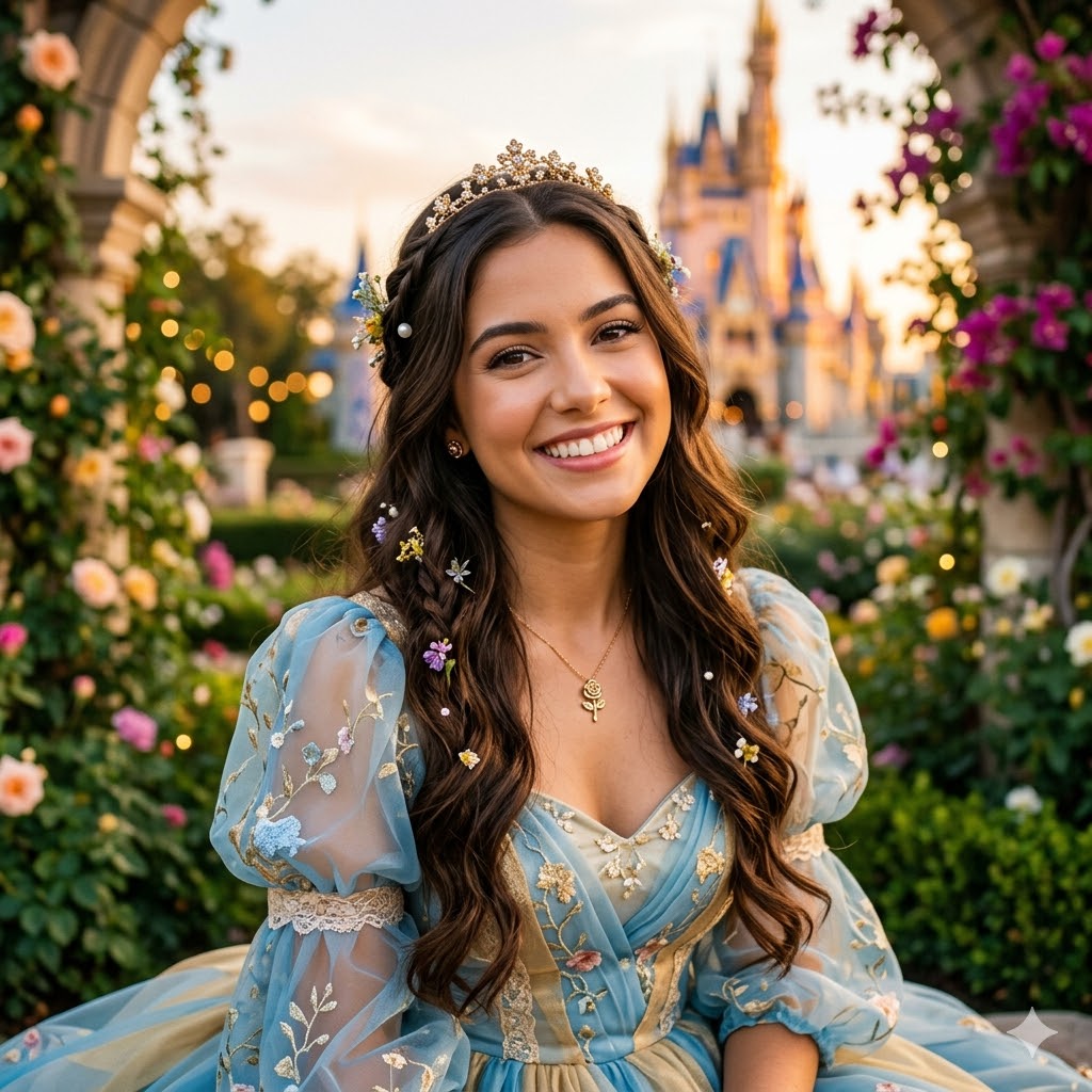Imagem que mostra uma mulher sorrindo, vestida como uma princesa da Disney