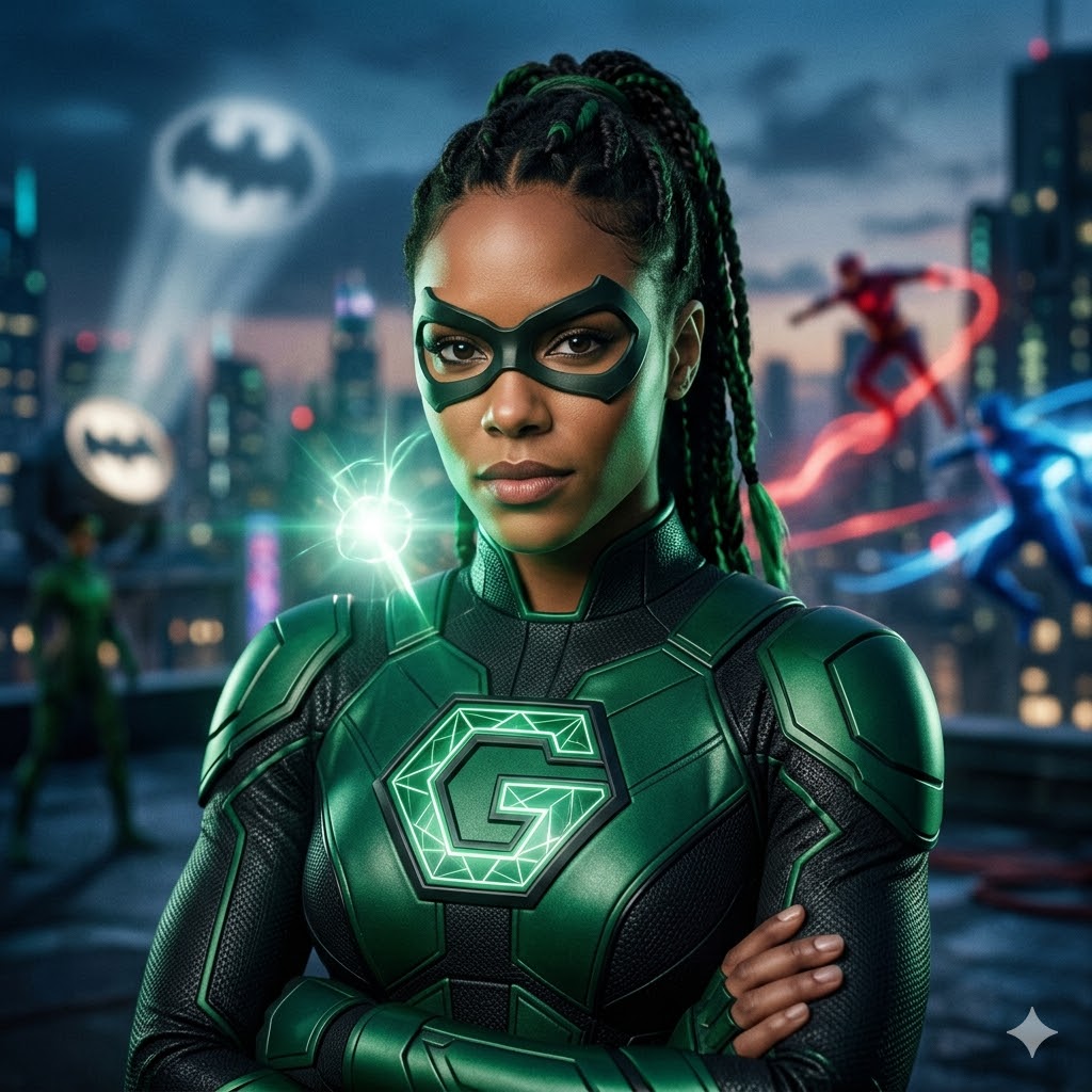 Imagem que mostra uma mulher sorrindo, vestida como um super-herói