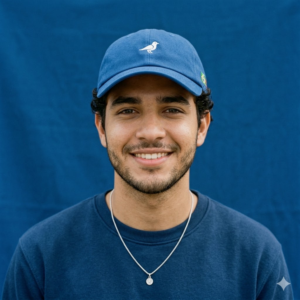 Imagem que mostra um homem sorrindo, vestido com uma camisa azul e um boné azul